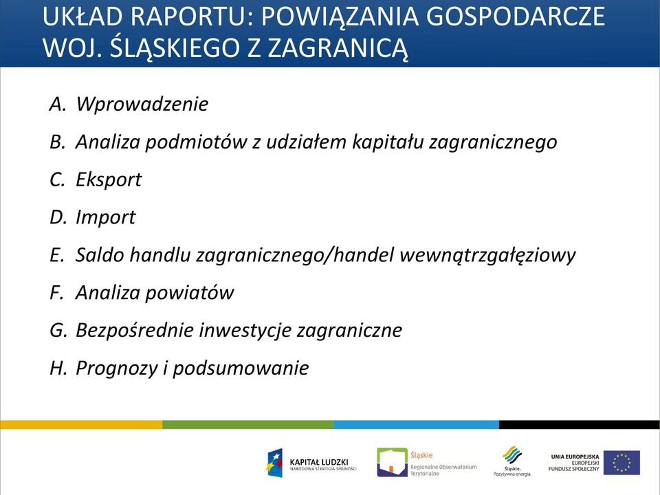 Eksport D. Import E. Saldo handlu zagranicznego/handel wewnątrzgałęziowy F.