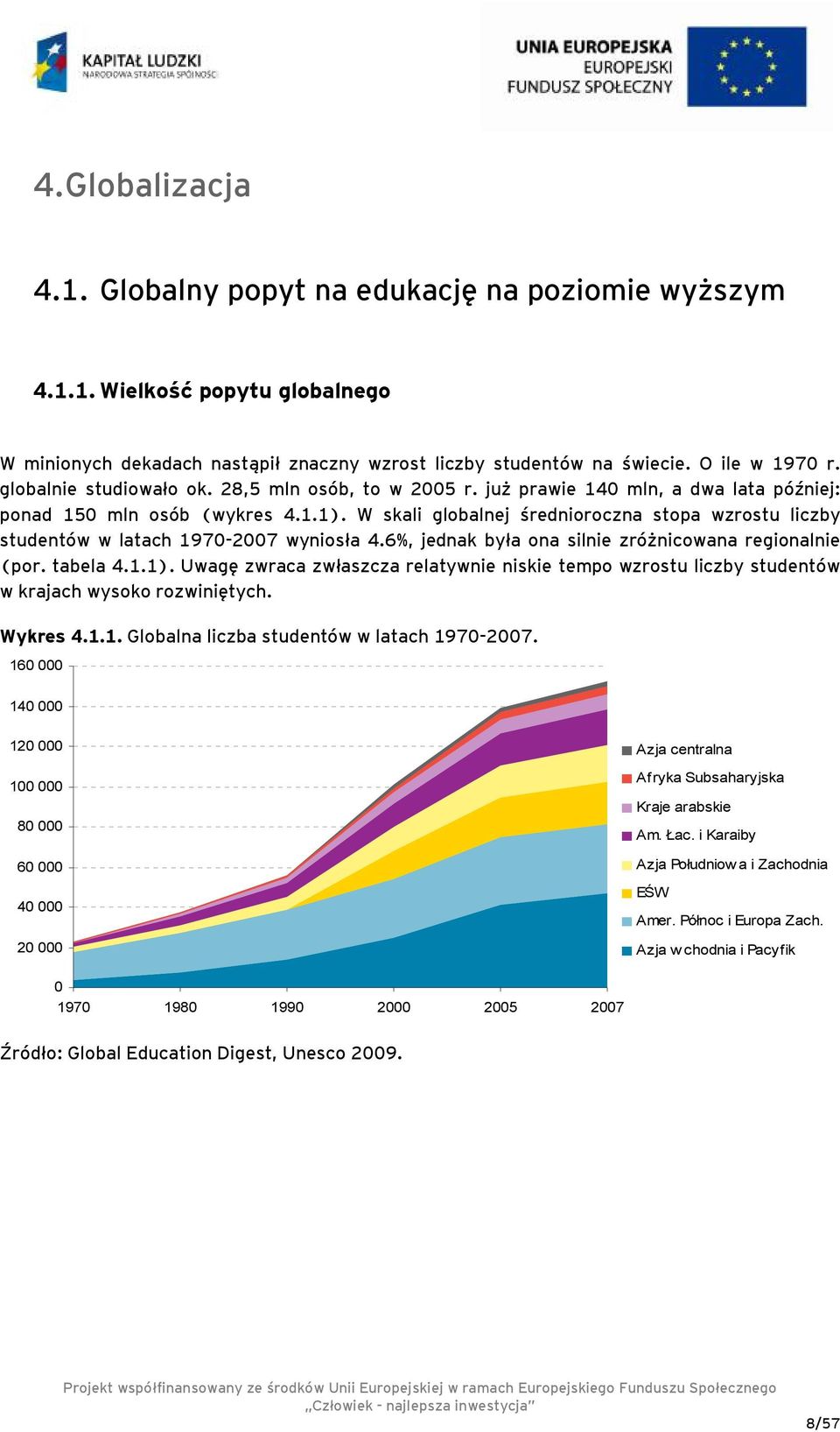 W skali globalnej średnioroczna stopa wzrostu liczby studentów w latach 1970-2007 wyniosła 4.6%, jednak była ona silnie zróżnicowana regionalnie (por. tabela 4.1.1).