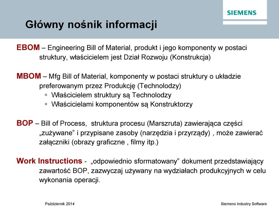 Konstruktorzy BOP Bill of Process, struktura procesu (Marszruta) zawierająca części zużywane i przypisane zasoby (narzędzia i przyrządy), może zawierać załączniki (obrazy