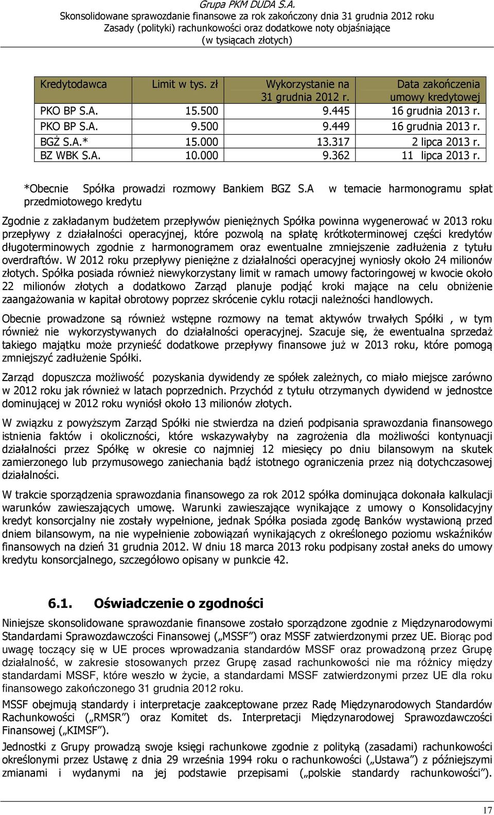 A w temacie harmonogramu spłat przedmiotowego kredytu Zgodnie z zakładanym budżetem przepływów pieniężnych Spółka powinna wygenerować w 2013 roku przepływy z działalności operacyjnej, które pozwolą