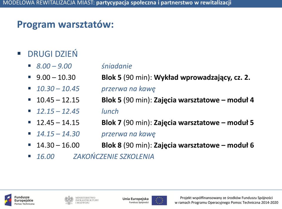 15 Blok 5 (90 min): Zajęcia warsztatowe moduł 4 12.15 12.45 lunch 12.45 14.