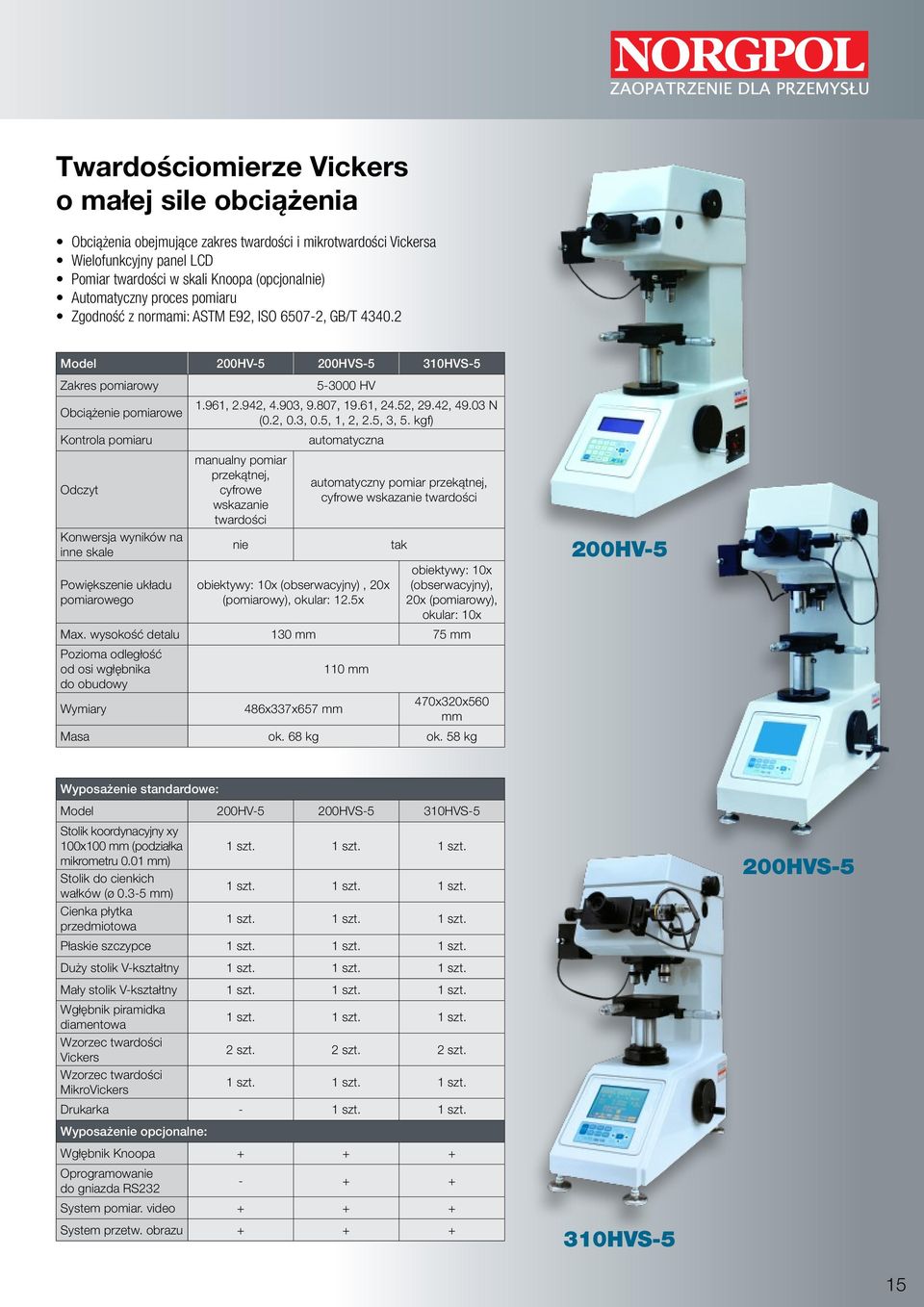 2 Model 200HV-5 200HVS-5 310HVS-5 Zakres pomiarowy Obciążenie pomiarowe Kontrola pomiaru Odczyt Konwersja wyników na inne skale Powiększenie układu pomiarowego 5-3000 HV 1.961, 2.942, 4.903, 9.