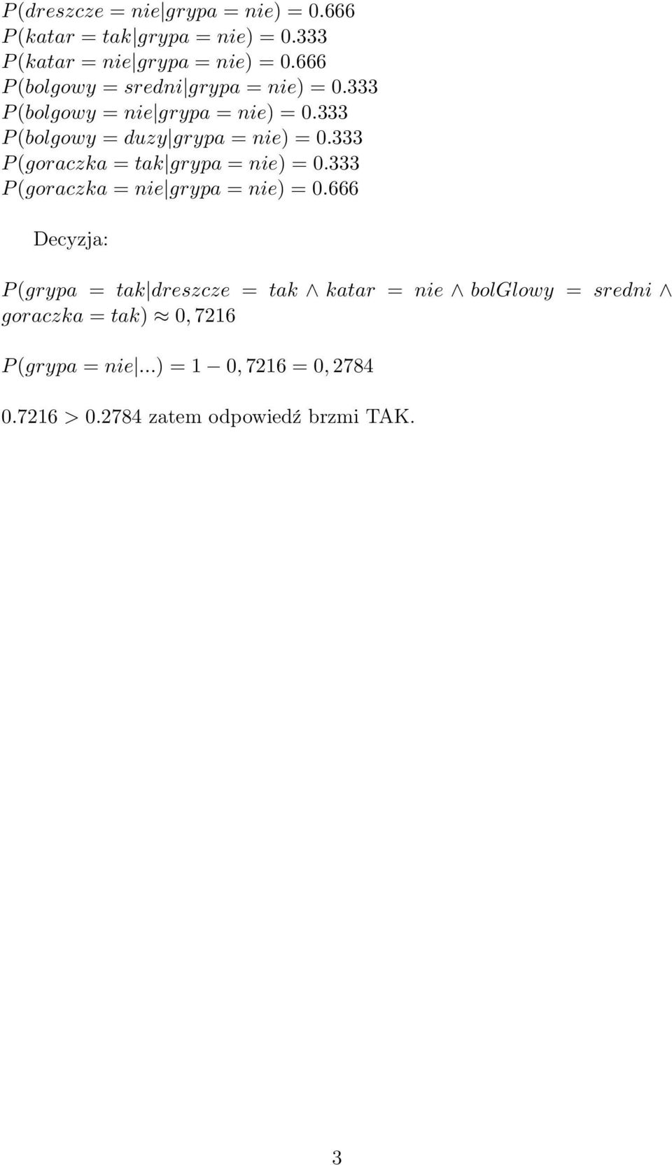 333 P (goraczka = tak grypa = nie) = 0.333 P (goraczka = nie grypa = nie) = 0.