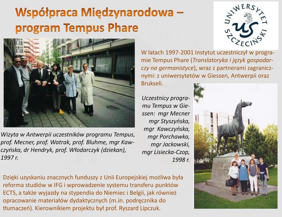 Uczestnicy programu Tempus w Giessen: mgr Mecner mgr Styszyńska, mgr Kawczyńska, mgr Porchawka, mgr Jackowski, mgr Lisiecka-Czop, 1998 r.