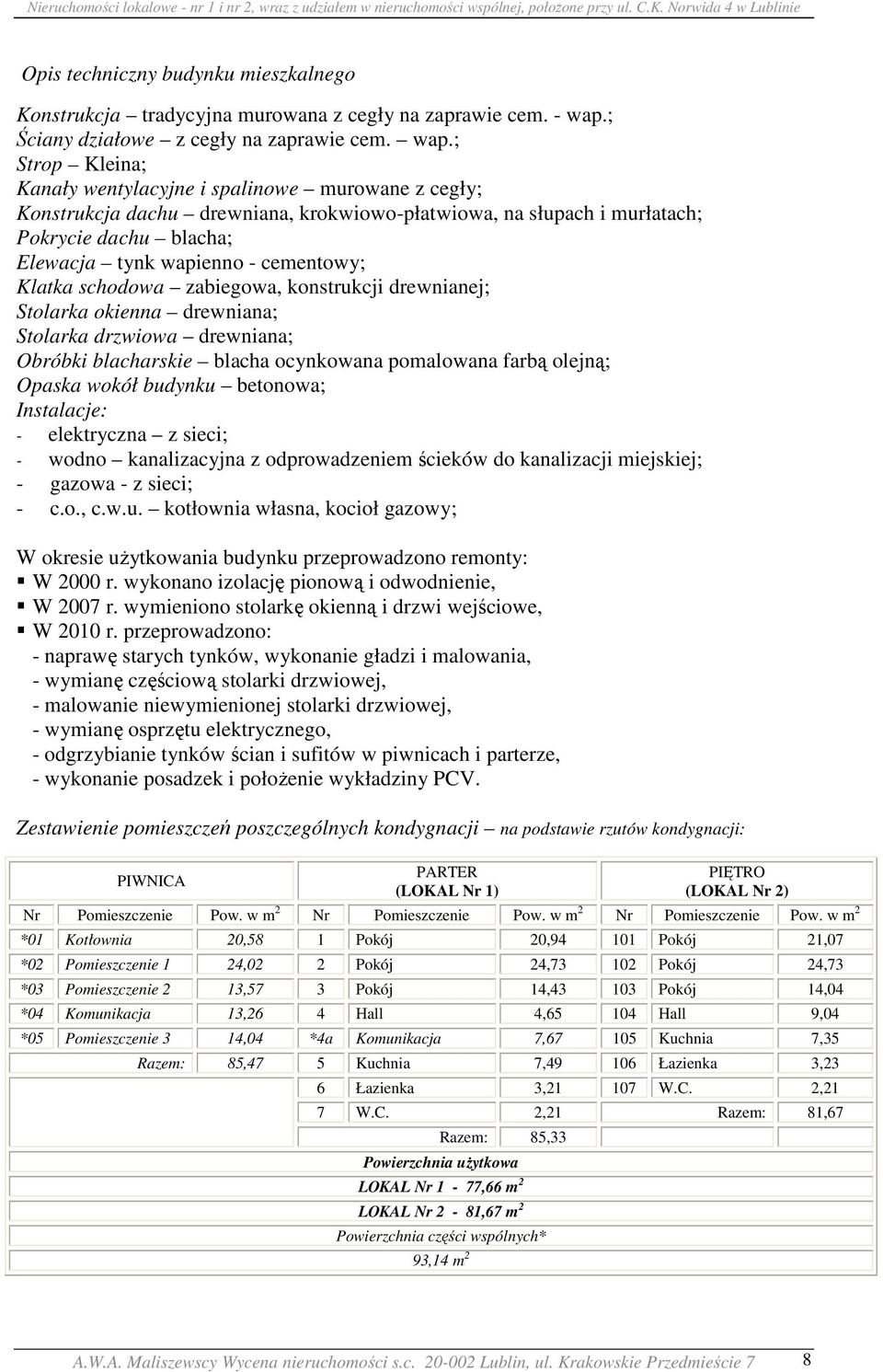 ; Strop Kleina; Kanały wentylacyjne i spalinowe murowane z cegły; Konstrukcja dachu drewniana, krokwiowo-płatwiowa, na słupach i murłatach; Pokrycie dachu blacha; Elewacja tynk wapienno - cementowy;