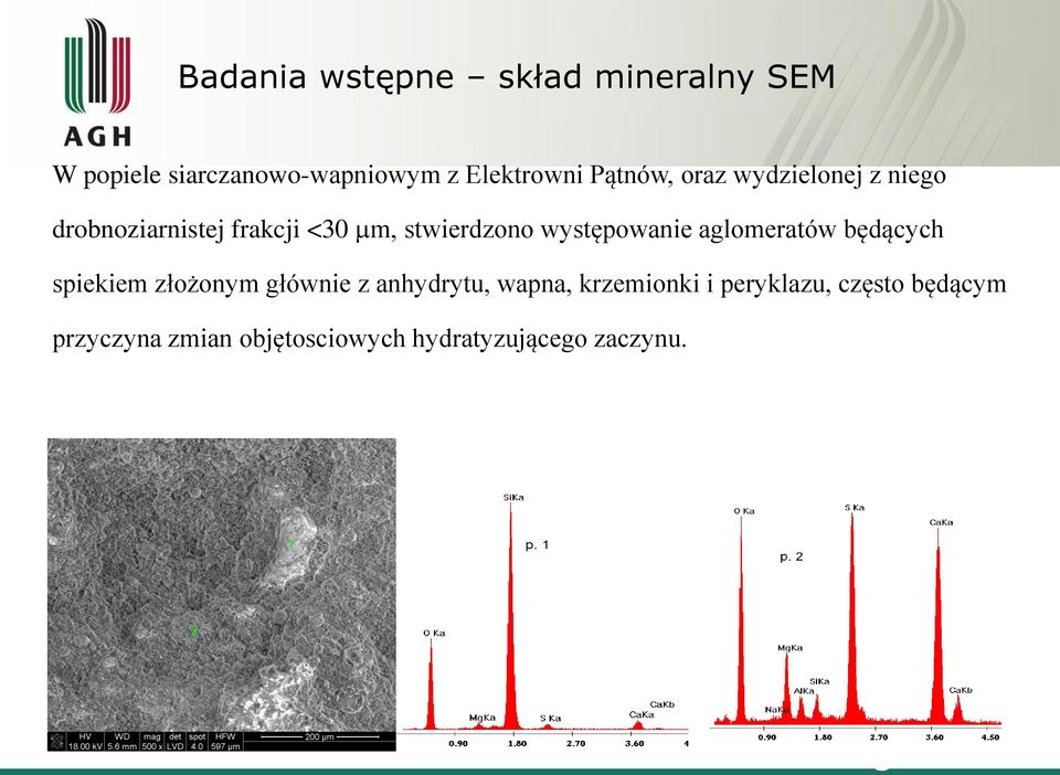 występowanie aglomeratów będących spiekiem złożonym głównie z anhydrytu, wapna,