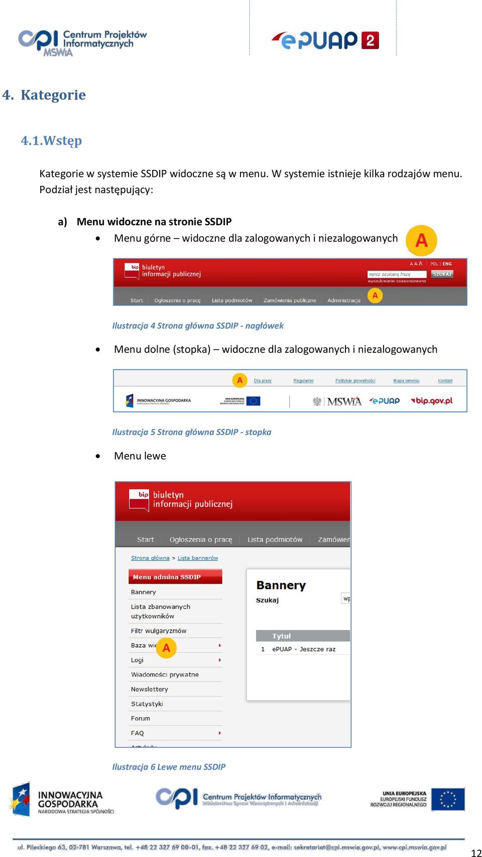 Podział jest następujący: a) Menu widoczne na stronie SSDIP Menu górne widoczne dla zalogowanych i