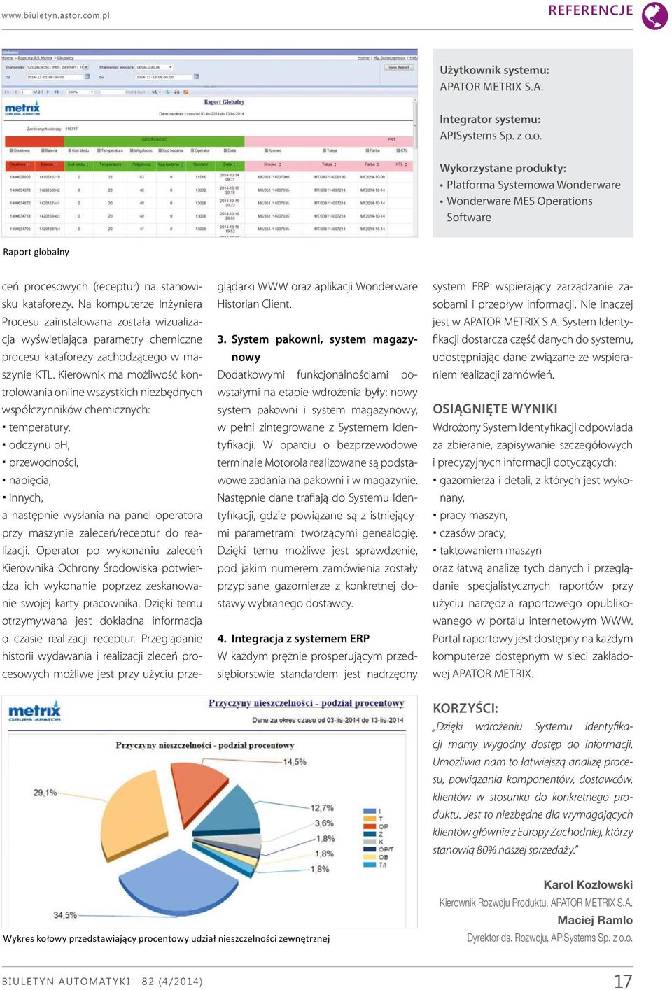 Kierownik ma możliwość kontrolowania online wszystkich niezbędnych współczynników chemicznych: temperatury, odczynu ph, przewodności, napięcia, innych, a następnie wysłania na panel operatora przy