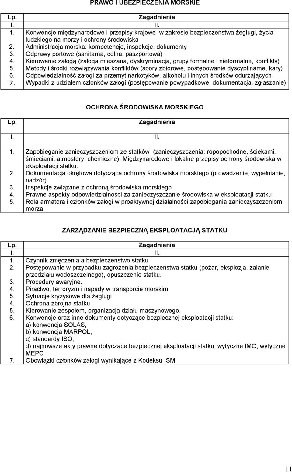 Kierowanie załogą (załoga mieszana, dyskryminacja, grupy formalne i nieformalne, konflikty) 5. Metody i środki rozwiązywania konfliktów (spory zbiorowe, postępowanie dyscyplinarne, kary) 6.