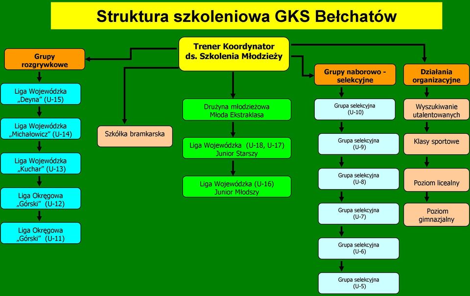 Wyszukiwanie utalentowanych Liga Wojewódzka Michałowicz (U-14) Liga Wojewódzka Kuchar (U-13) Liga Okręgowa Górski (U-12) Szkółka bramkarska Liga Wojewódzka (U-18,