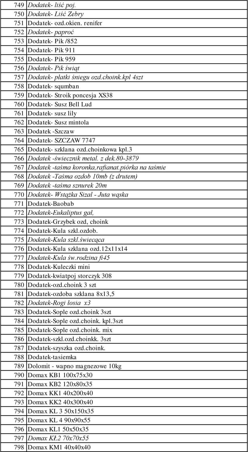 kpl 4szt 758 Dodatek- squmban 759 Dodatek- Stroik poncesja XS38 760 Dodatek- Susz Bell Lud 761 Dodatek- susz lily 762 Dodatek- Susz mintola 763 Dodatek -Szczaw 764 Dodatek- SZCZAW 7747 765 Dodatek-