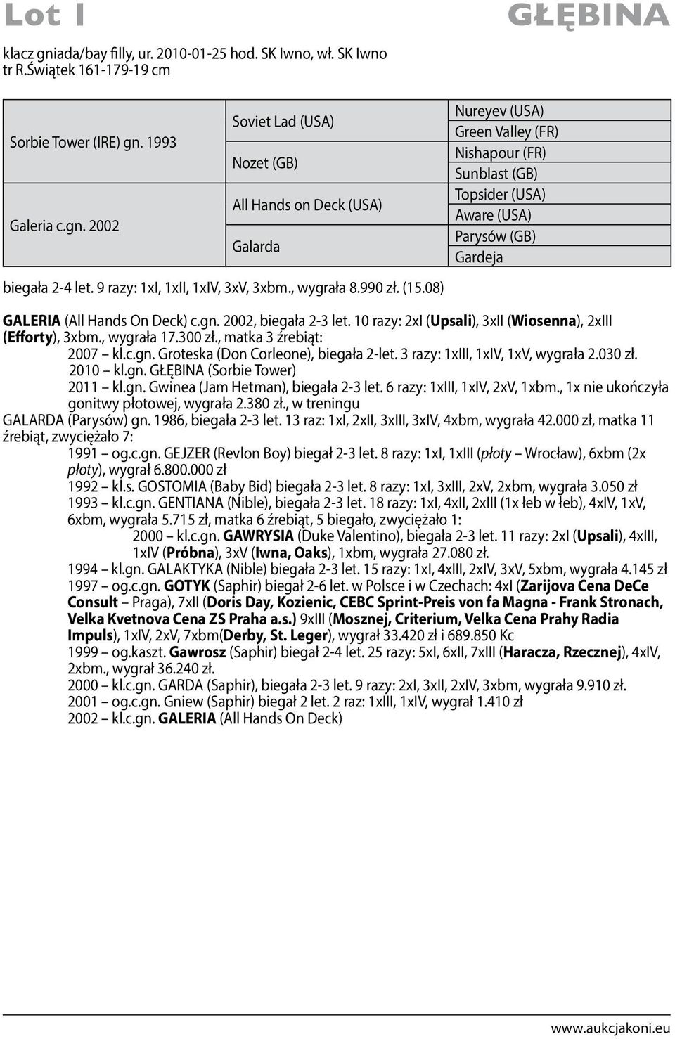 08) Nureyev (USA) Green Valley (FR) Nishapour (FR) Sunblast (GB) Topsider (USA) Aware (USA) Parysów (GB) Gardeja GALERIA (All Hands On Deck) c.gn. 2002, biegała 2-3 let.