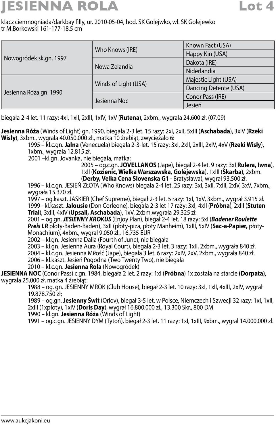 biegała 2-4 let. 11 razy: 4xI, 1xII, 2xIII, 1xIV, 1xV (Rutena), 2xbm., wygrała 24.600 zł. (07.09) Jesienna Róża (Winds of Light) gn. 1990, biegała 2-3 let.