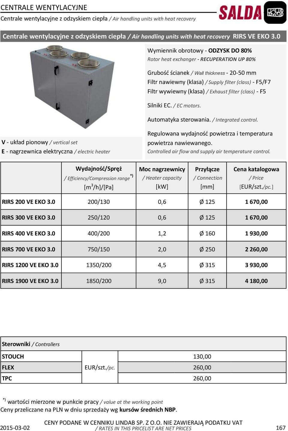 0 200/130 0,6 Ø 125 1 670,00 RIRS 300 VE EKO 3.0 250/120 0,6 Ø 125 1 670,00 RIRS 400 VE EKO 3.