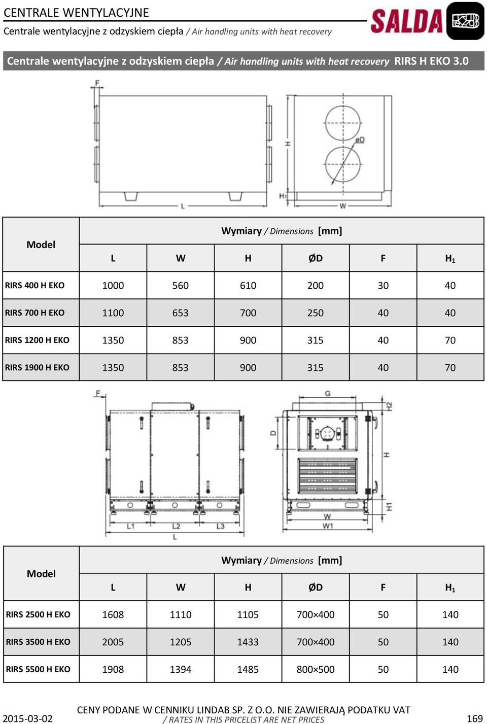 40 40 RIRS 1200 H EKO 1350 853 900 315 40 70 RIRS 1900 H EKO 1350 853 900 315 40 70 Wymiary / Dimensions L W