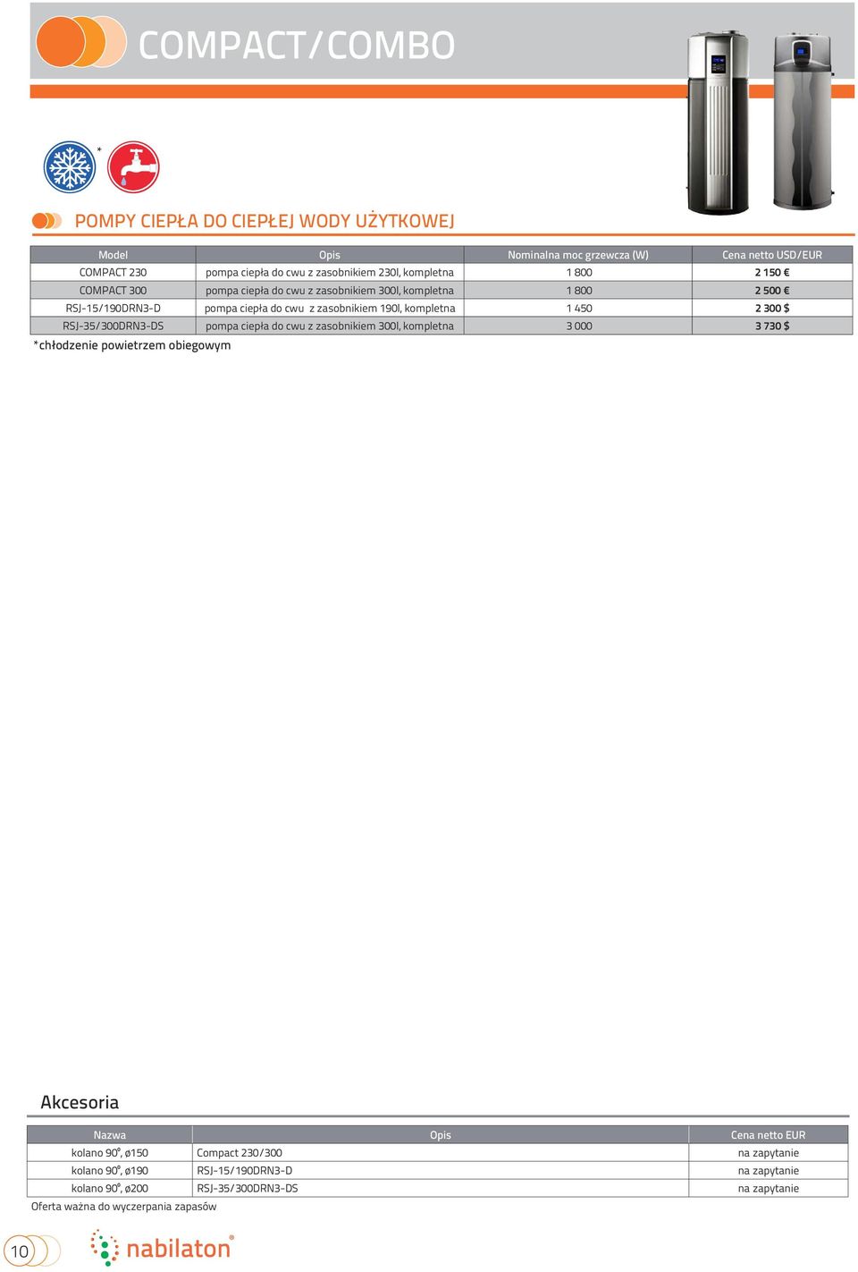 450 2 300 $ SJ-35/300DN3-DS pompa ciepła do cwu z zasobnikiem 300l, kompletna 3 000 3 730 $ *chłodzenie powietrzem obiegowym Akcesoria Nazwa Opis Cena netto EU