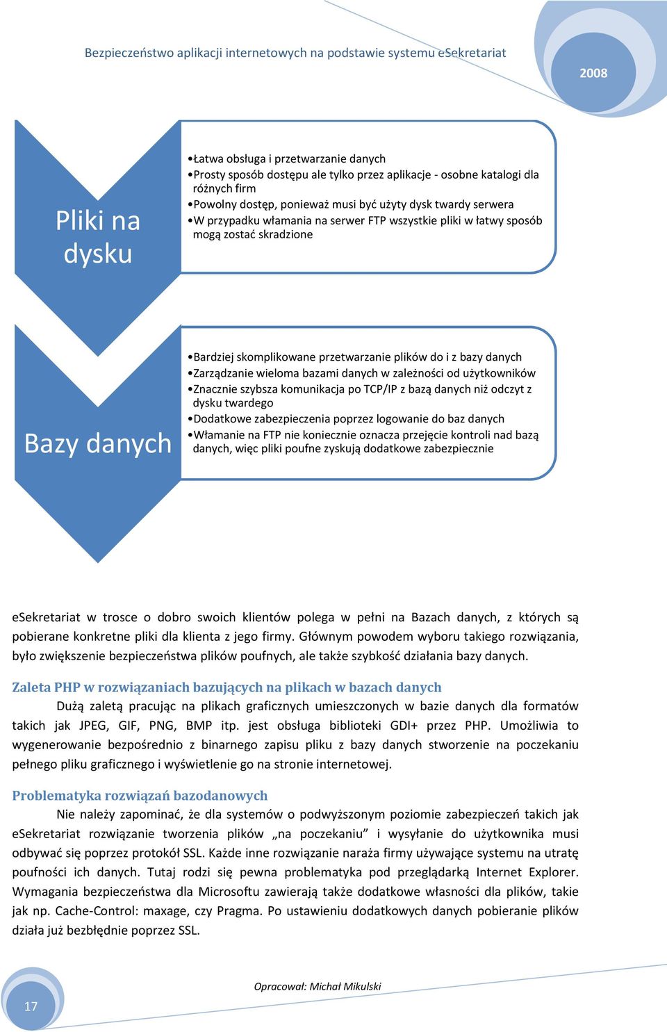 zależności od użytkowników Znacznie szybsza komunikacja po TCP/IP z bazą danych niż odczyt z dysku twardego Dodatkowe zabezpieczenia poprzez logowanie do baz danych Włamanie na FTP nie koniecznie