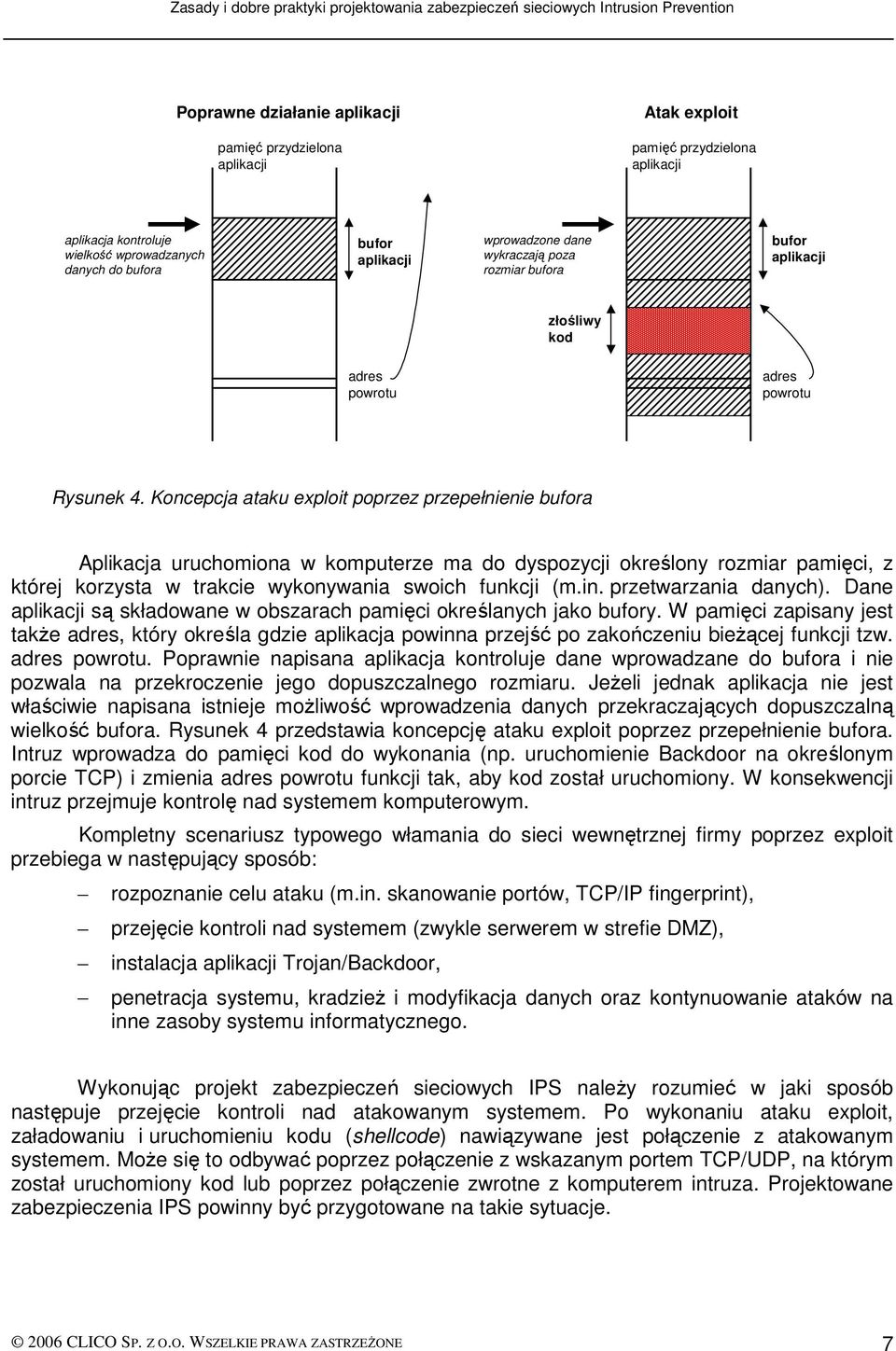 Koncepcja ataku exploit poprzez przepełnienie bufora Aplikacja uruchomiona w komputerze ma do dyspozycji określony rozmiar pamięci, z której korzysta w trakcie wykonywania swoich funkcji (m.in.