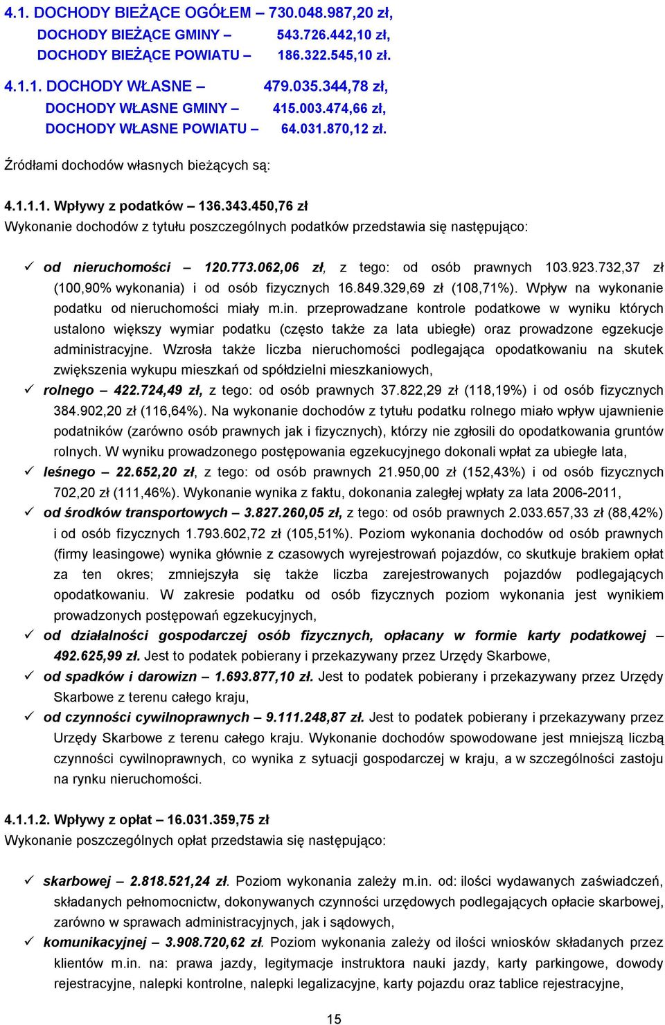 450,76 zł Wykonanie dochodów z tytułu poszczególnych podatków przedstawia się następująco: od nieruchomości 120.773.062,06 zł, z tego: od osób prawnych 103.923.