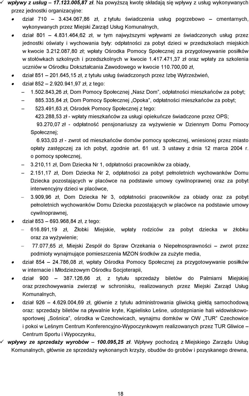 464,62 zł, w tym najwyższymi wpływami ze świadczonych usług przez jednostki oświaty i wychowania były: odpłatności za pobyt dzieci w przedszkolach miejskich w kwocie 3.212.