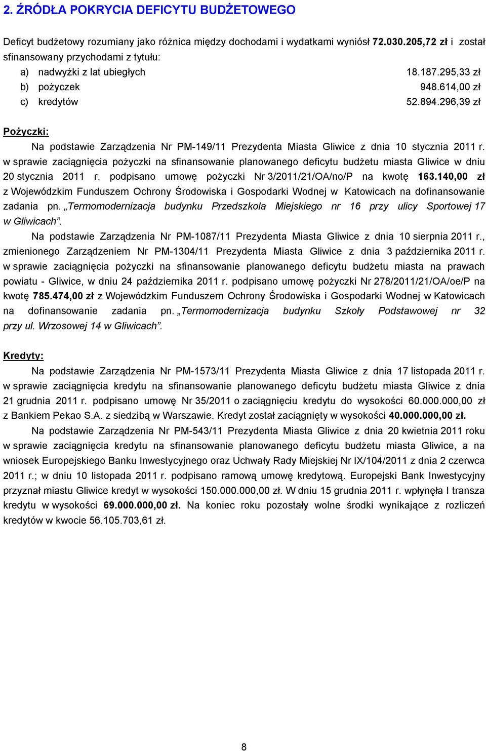296,39 zł Pożyczki: Na podstawie Zarządzenia Nr PM-149/11 Prezydenta Miasta Gliwice z dnia 10 stycznia 2011 r.