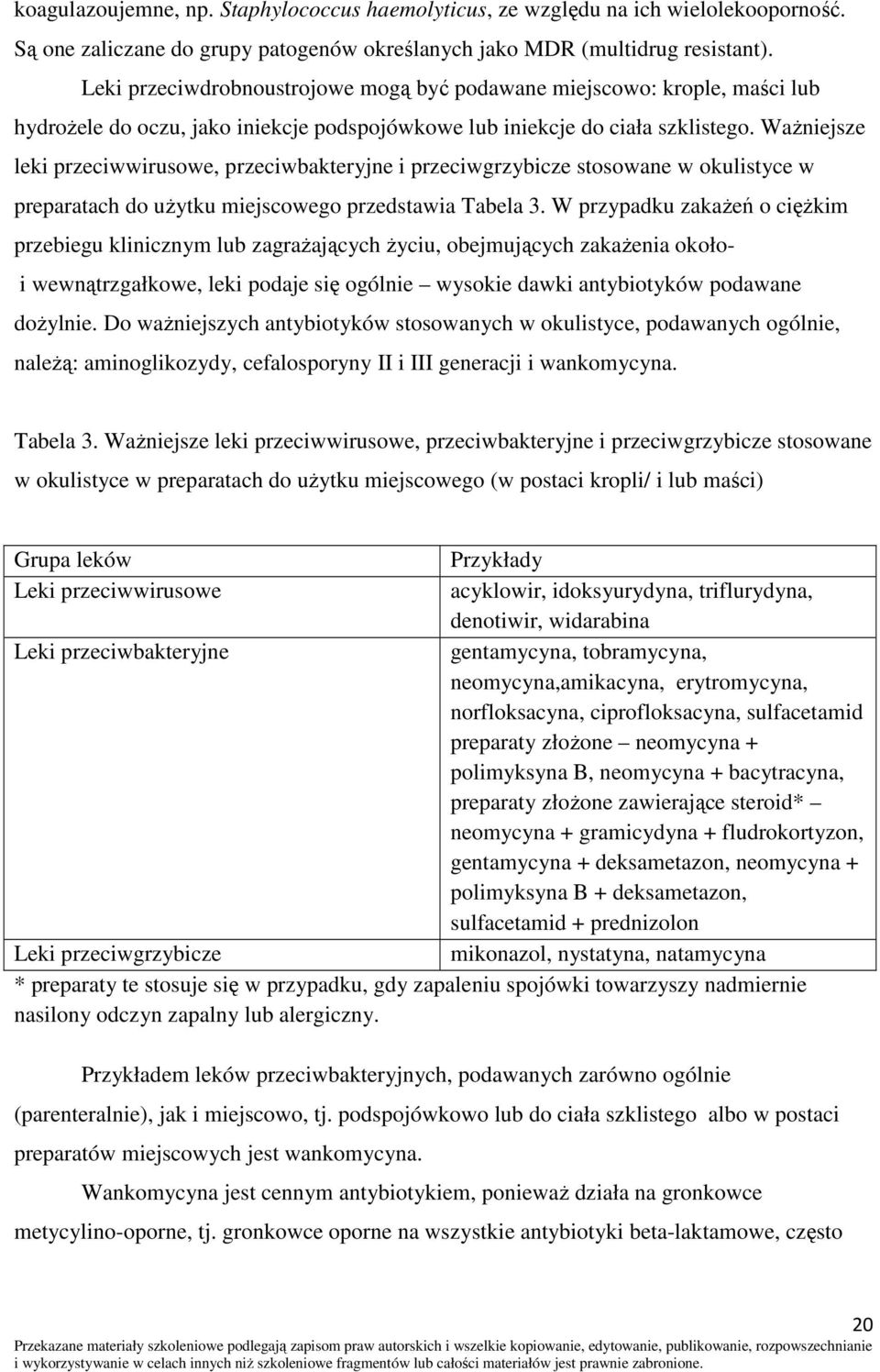 Ważniejsze leki przeciwwirusowe, przeciwbakteryjne i przeciwgrzybicze stosowane w okulistyce w preparatach do użytku miejscowego przedstawia Tabela 3.