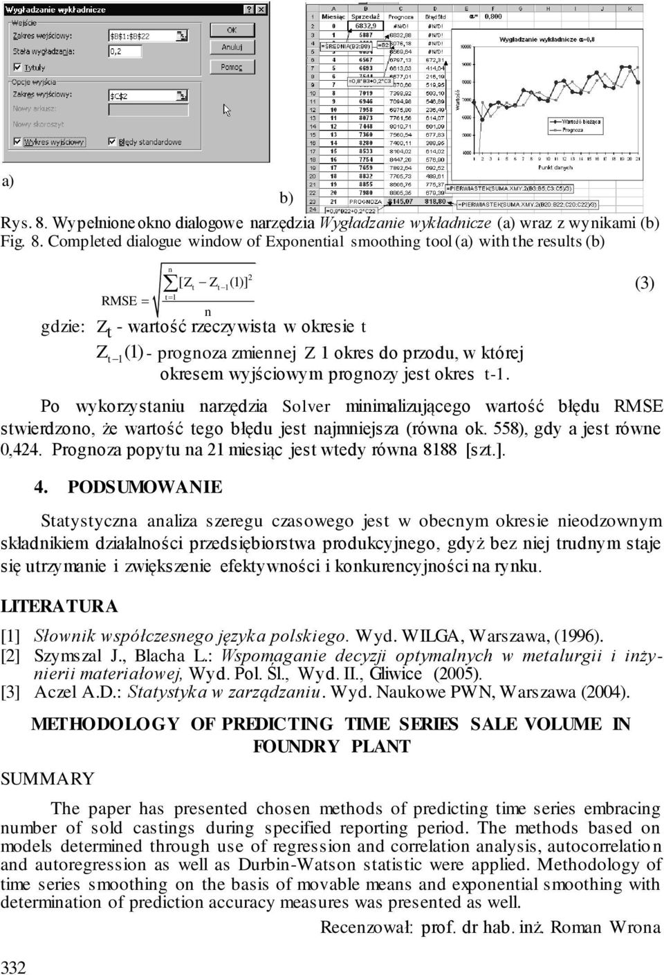 Completed dialogue window of Exponential smoothing tool (a) with the results (b) 332 gdzie: Z t - wartość rzeczywista w okresie t Z (1) t 1 - prognoza zmiennej Z 1 okres do przodu, w której okresem