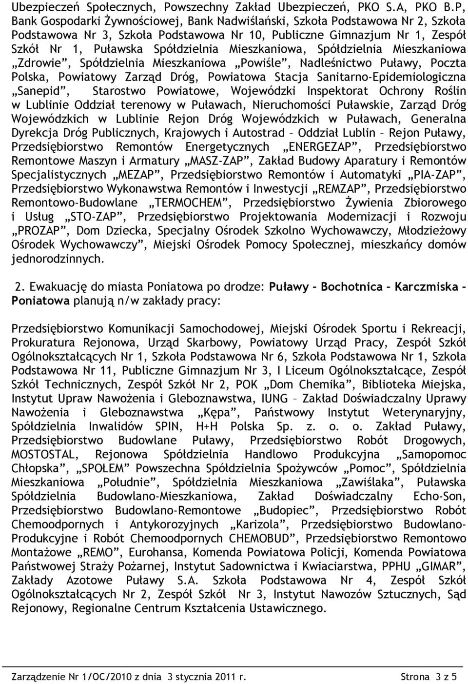 Mieszkaniowa, Spółdzielnia Mieszkaniowa Zdrowie, Spółdzielnia Mieszkaniowa Powiśle, Nadleśnictwo Puławy, Poczta Polska, Powiatowy Zarząd Dróg, Powiatowa Stacja Sanitarno-Epidemiologiczna Sanepid,