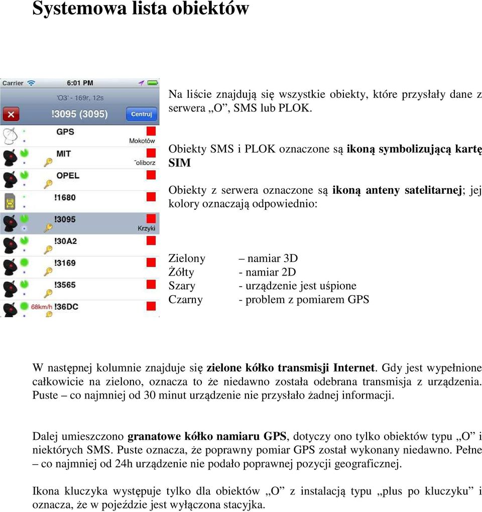 2D - urządzenie jest uśpione - problem z pomiarem GPS W następnej kolumnie znajduje się zielone kółko transmisji Internet.