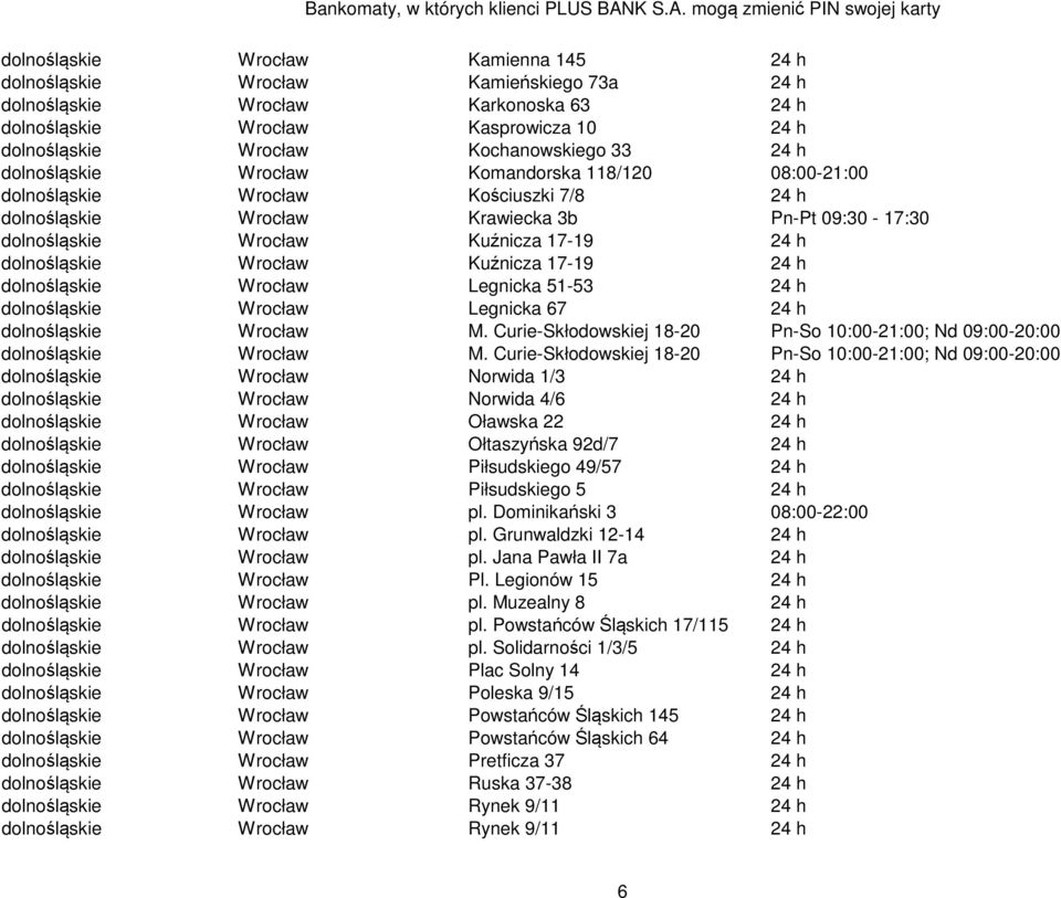 dolnośląskie Wrocław Kuźnicza 17-19 24 h dolnośląskie Wrocław Legnicka 51-53 24 h dolnośląskie Wrocław Legnicka 67 24 h dolnośląskie Wrocław M.