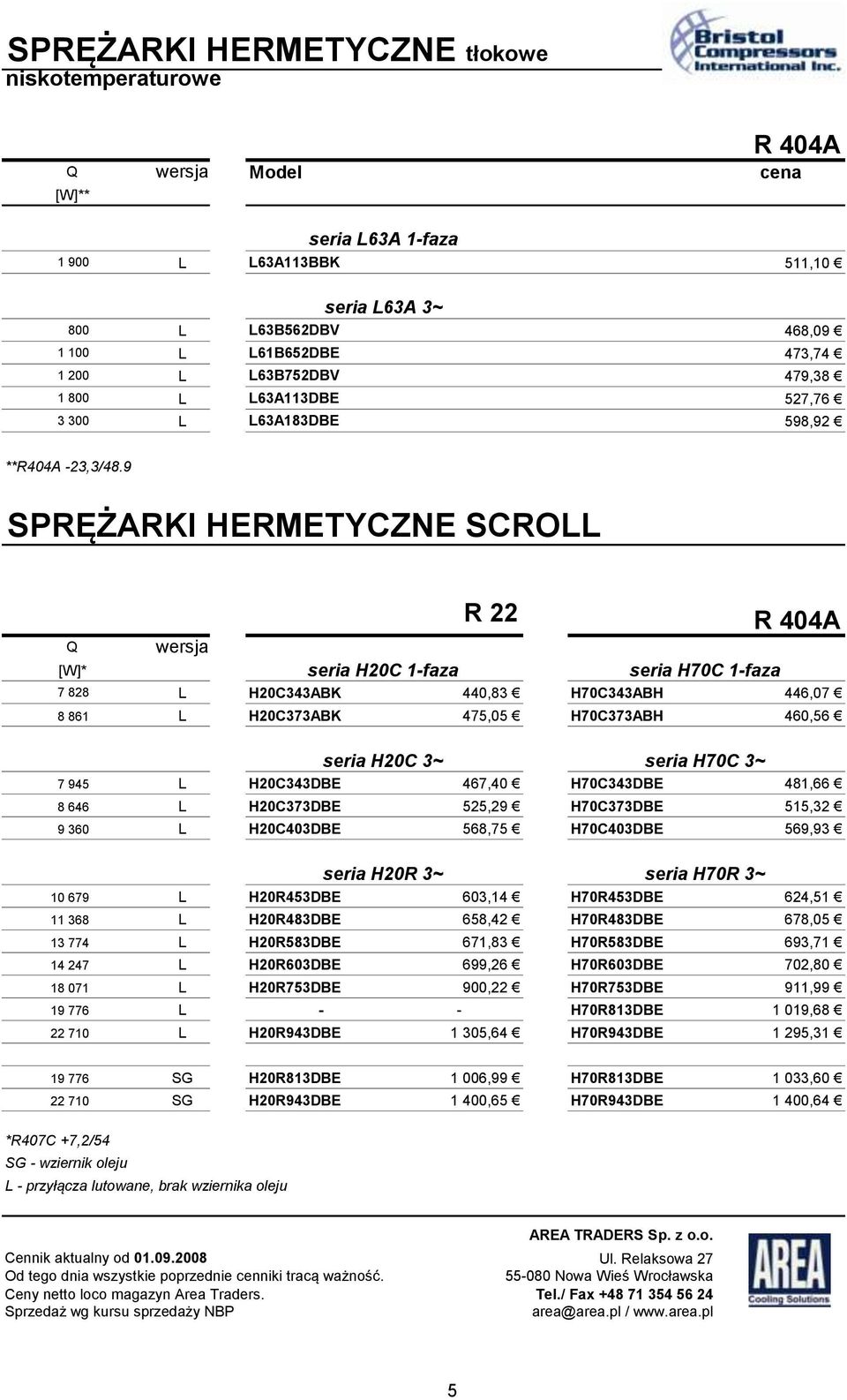 9 SPRĘŻARKI HERMETYCZNE SCROLL R 22 R 404A Q wersja [W]* 7 828 L seria H20C 1-faza H20C343ABK 440,83 seria H70C 1-faza H70C343ABH 446,07 8 861 L H20C373ABK 475,05 H70C373ABH 460,56 seria H20C 3~