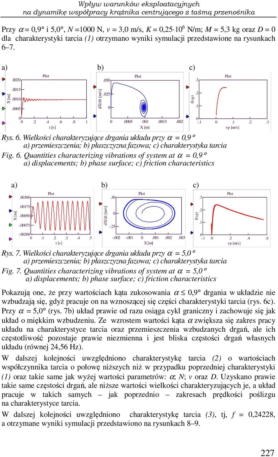 6. Wielkości charakteryzujące drgania układu przy α = 0,9 a) przemieszczenia; b) płaszczyzna fazowa; c) charakterystyka tarcia Fig. 6.