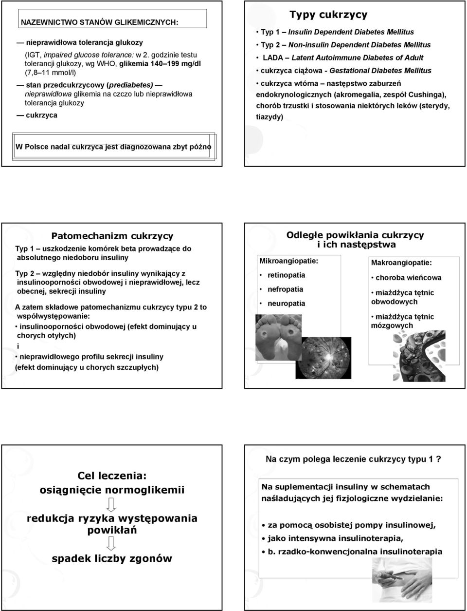 cukrzycy Typ 1 Insulin Dependent Diabetes Mellitus Typ 2 Non-insulin Dependent Diabetes Mellitus LADA Latent Autoimmune Diabetes of Adult cukrzyca ciąŝowa - Gestational Diabetes Mellitus cukrzyca