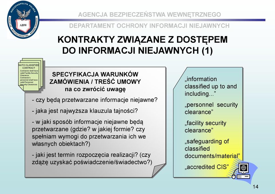 - jaka jest najwyższa klauzula tajności? - w jaki sposób informacje niejawne będą przetwarzane (gdzie? w jakiej formie? czy spełniam wymogi do przetwarzania ich we własnych obiektach?