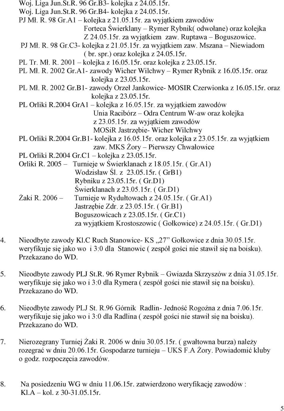 05.15r. PL Mł. R. 2002 Gr.A1- zawody Wicher Wilchwy Rymer Rybnik z 16.05.15r. oraz kolejka z 23.05.15r. PL Mł. R. 2002 Gr.B1- zawody Orzeł Jankowice- MOSIR Czerwionka z 16.05.15r. oraz kolejka z 23.05.15r. PL Orliki R.