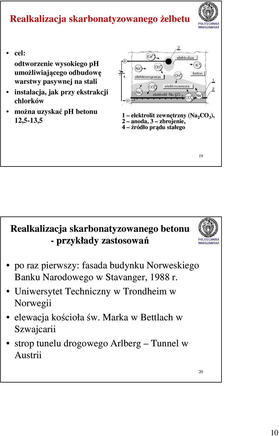 Realkalizacja skarbonatyzowanego betonu - przykłady zastosowań po raz pierwszy: fasada budynku Norweskiego Banku Narodowego w Stavanger, 1988 r.