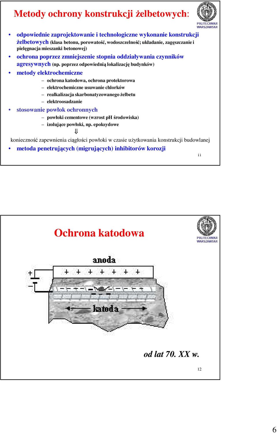 poprzez odpowiednią lokalizację budynków) metody elektrochemiczne ochrona katodowa, ochrona protektorowa elektrochemiczne usuwanie chlorków realkalizacja skarbonatyzowanego żelbetu