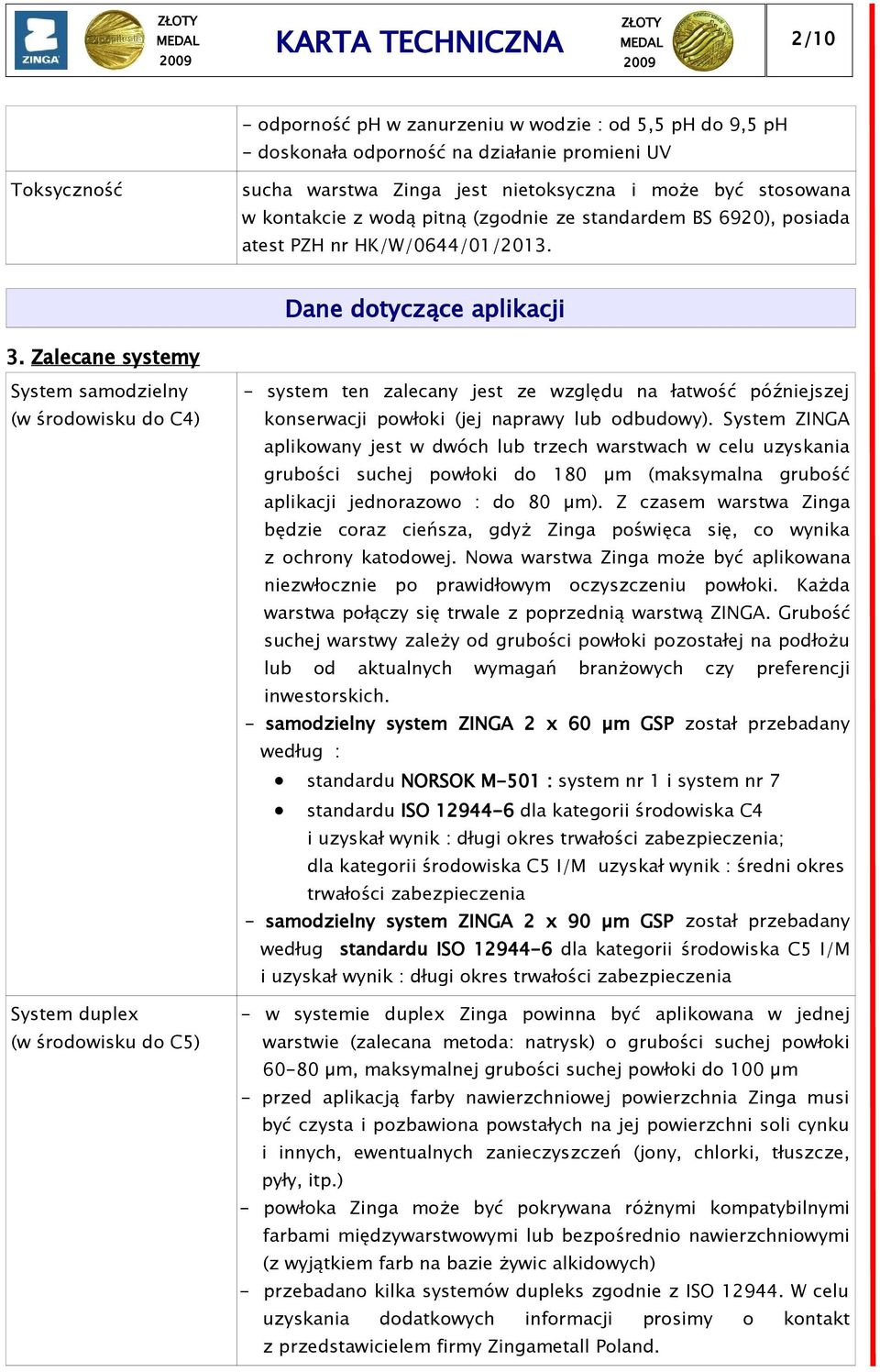 Zalecane systemy System samodzielny (w środowisku do C4) System duplex (w środowisku do C5) - system ten zalecany jest ze względu na łatwość późniejszej konserwacji powłoki (jej naprawy lub odbudowy).