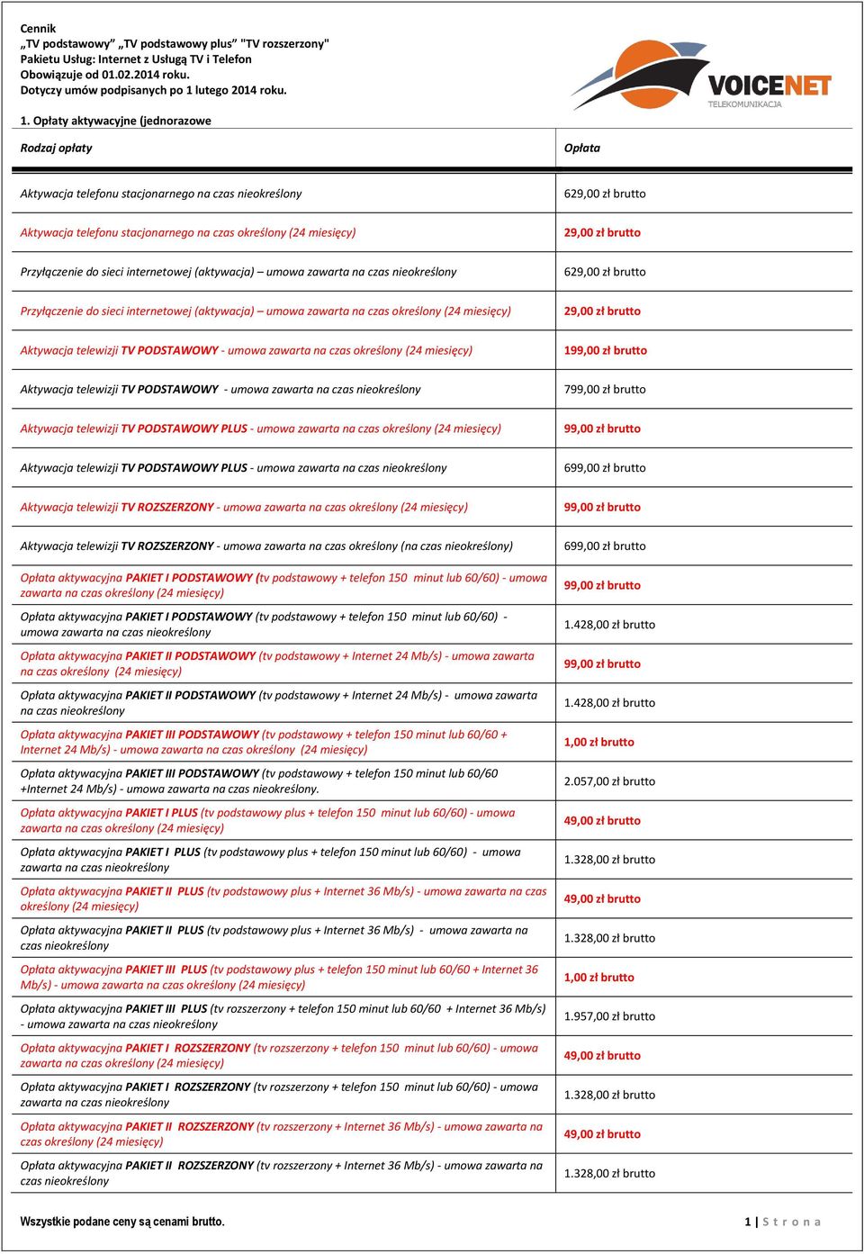 Opłaty aktywacyjne (jednorazowe Rodzaj opłaty Opłata Aktywacja telefonu stacjonarnego na czas nieokreślony 629,00 zł brutto Aktywacja telefonu stacjonarnego na czas określony (24 miesięcy) 29,00 zł