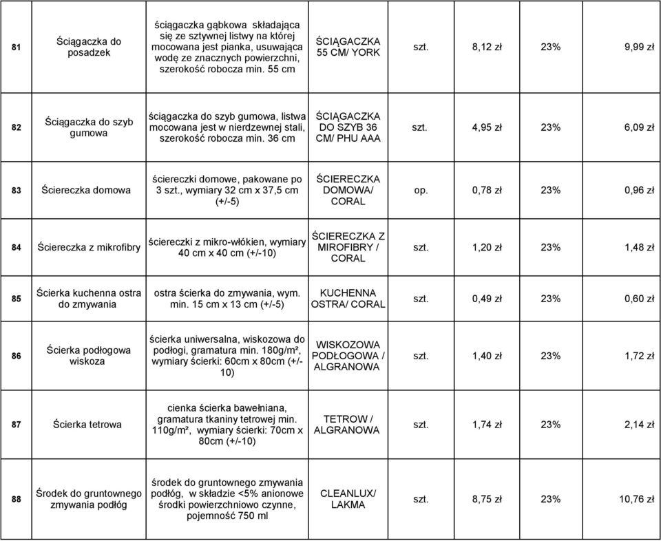 4,95 zł 23% 6,09 zł gumowa szerokość robocza min. 36 cm CM/ PHU AAA ściereczki domowe, pakowane po ŚCIERECZKA 83 Ściereczka domowa 3 szt., wymiary 32 cm x 37,5 cm DOMOWA/ op.