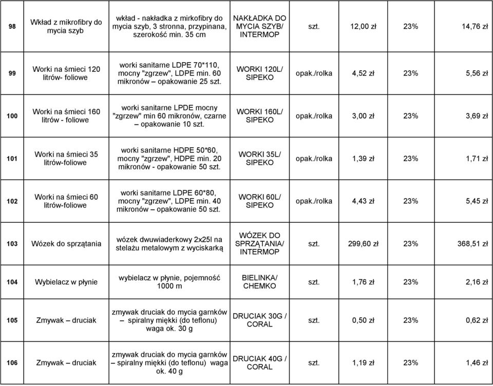 worki sanitarne LPDE mocny Worki na śmieci 160 WORKI 160L/ 100 "zgrzew" min 60 mikronów, czarne opak./rolka 3,00 zł 23% 3,69 zł litrów - foliowe SIPEKO opakowanie 10 szt.