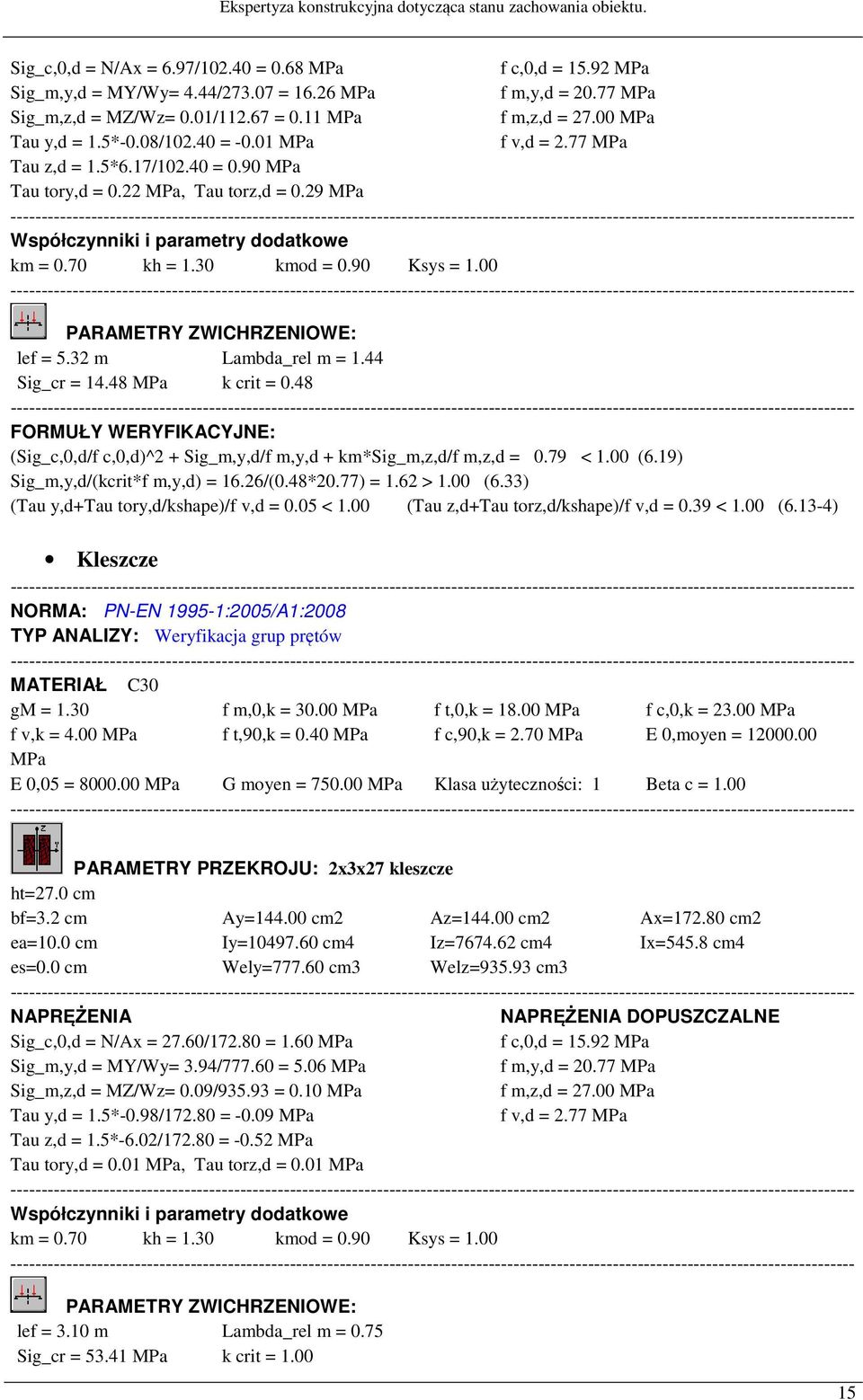 90 Ksys = 1.00 PARAMETRY ZWICHRZENIOWE: lef = 5.32 m Lambda_rel m = 1.44 Sig_cr = 14.48 MPa k crit = 0.48 FORMUŁY WERYFIKACYJNE: (Sig_c,0,d/f c,0,d)^2 + Sig_m,y,d/f m,y,d + km*sig_m,z,d/f m,z,d = 0.