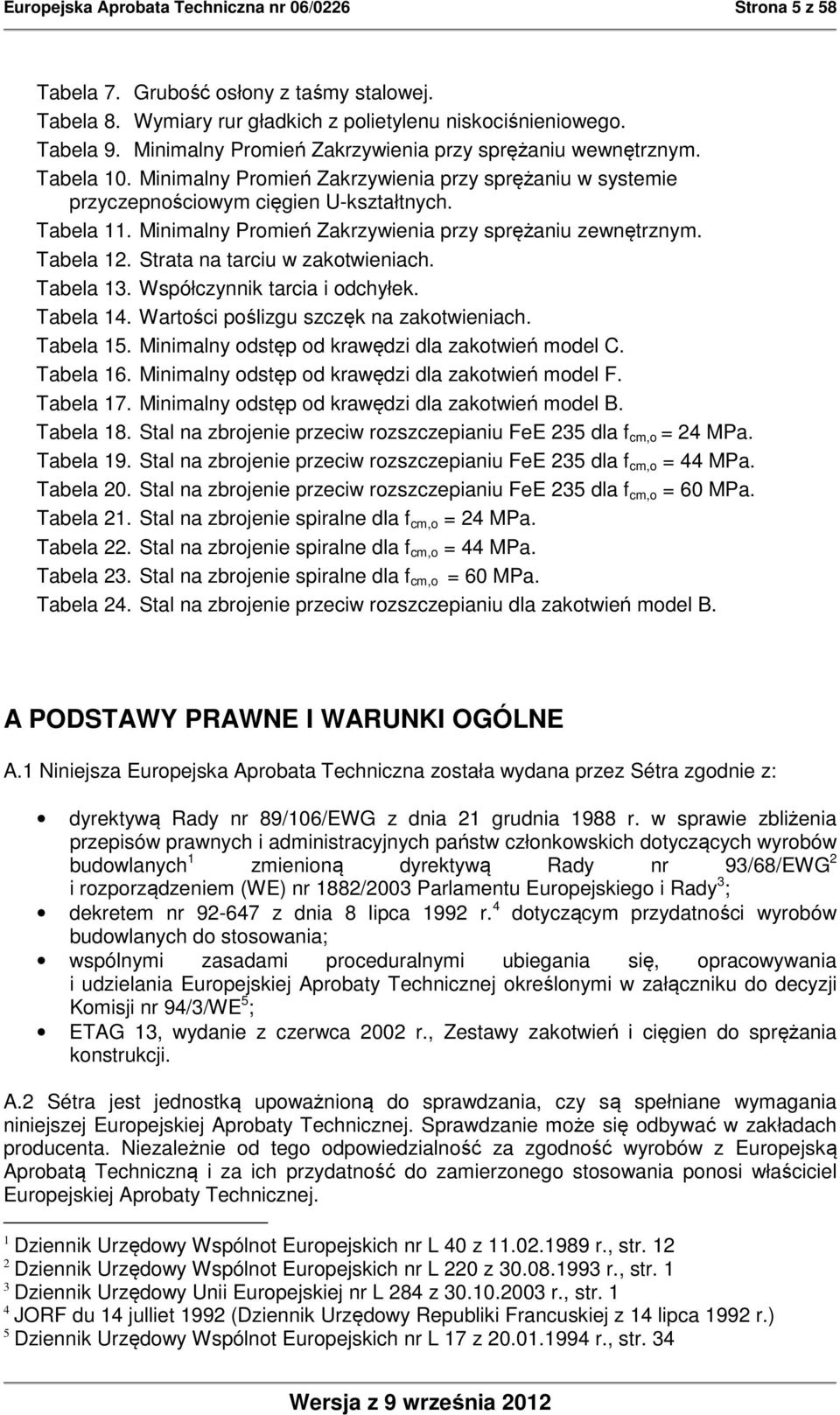 Minimalny Promień Zakrzywienia przy sprężaniu zewnętrznym. Tabela 12. Strata na tarciu w zakotwieniach. Tabela 13. Współczynnik tarcia i odchyłek. Tabela 14. Wartości poślizgu szczęk na zakotwieniach.