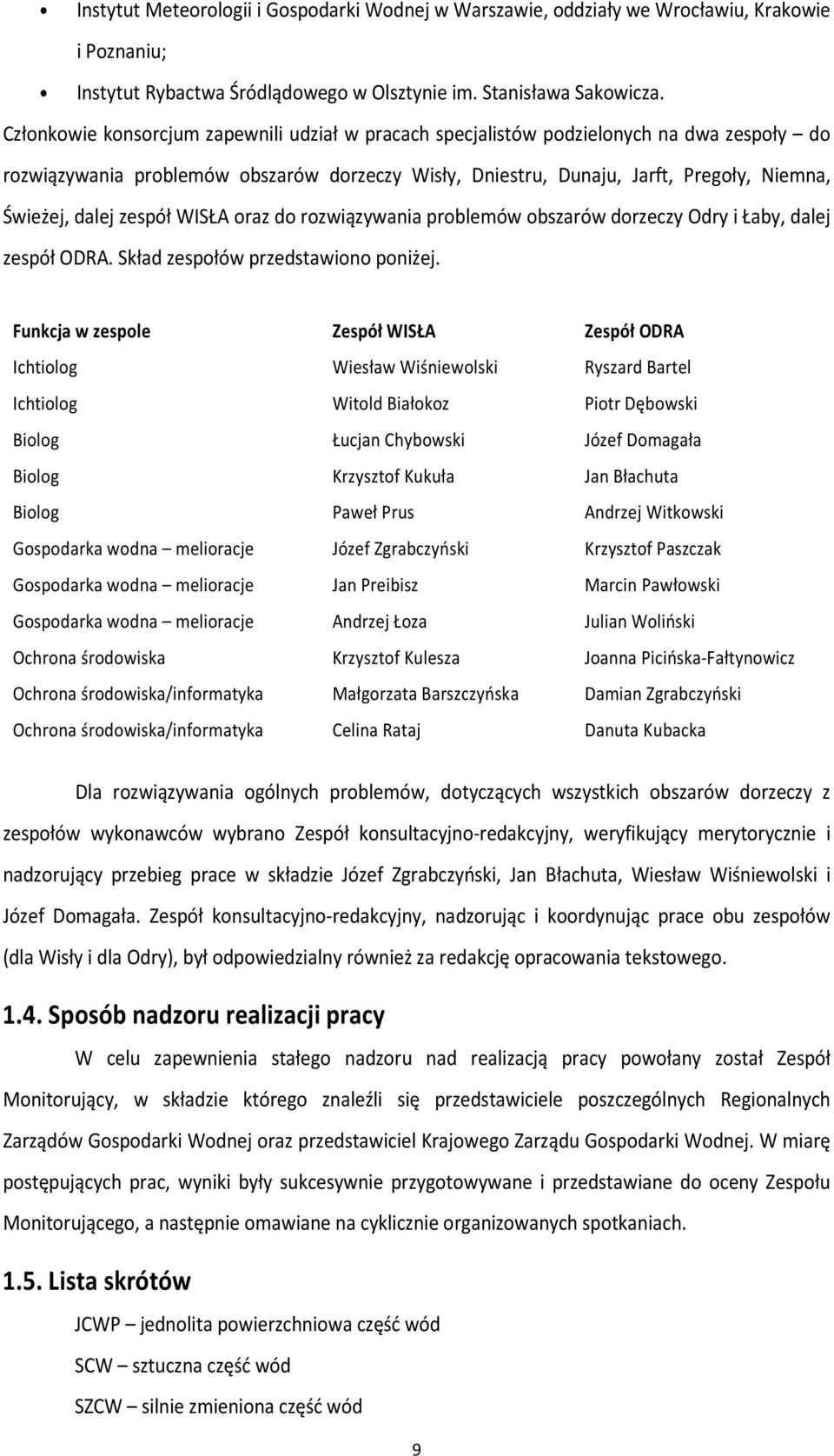 zespół WISŁA oraz do rozwiązywania problemów obszarów dorzeczy Odry i Łaby, dalej zespół ODRA. Skład zespołów przedstawiono poniżej.