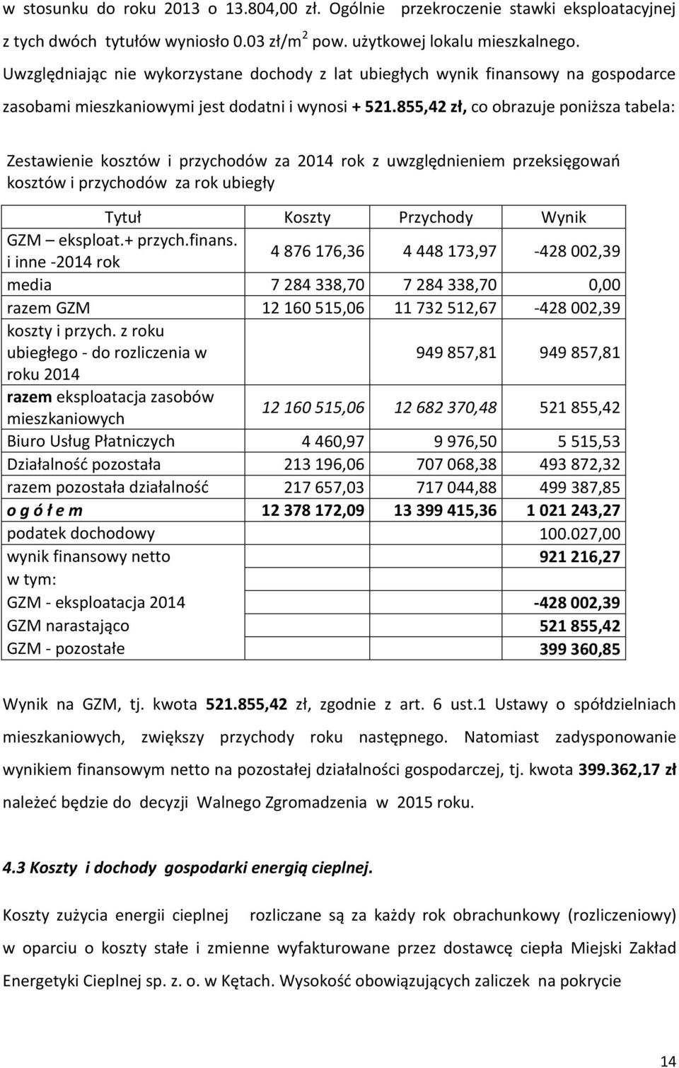 855,42 zł, co obrazuje poniższa tabela: Zestawienie kosztów i przychodów za 2014 rok z uwzględnieniem przeksięgowań kosztów i przychodów za rok ubiegły Tytuł Koszty Przychody Wynik GZM eksploat.