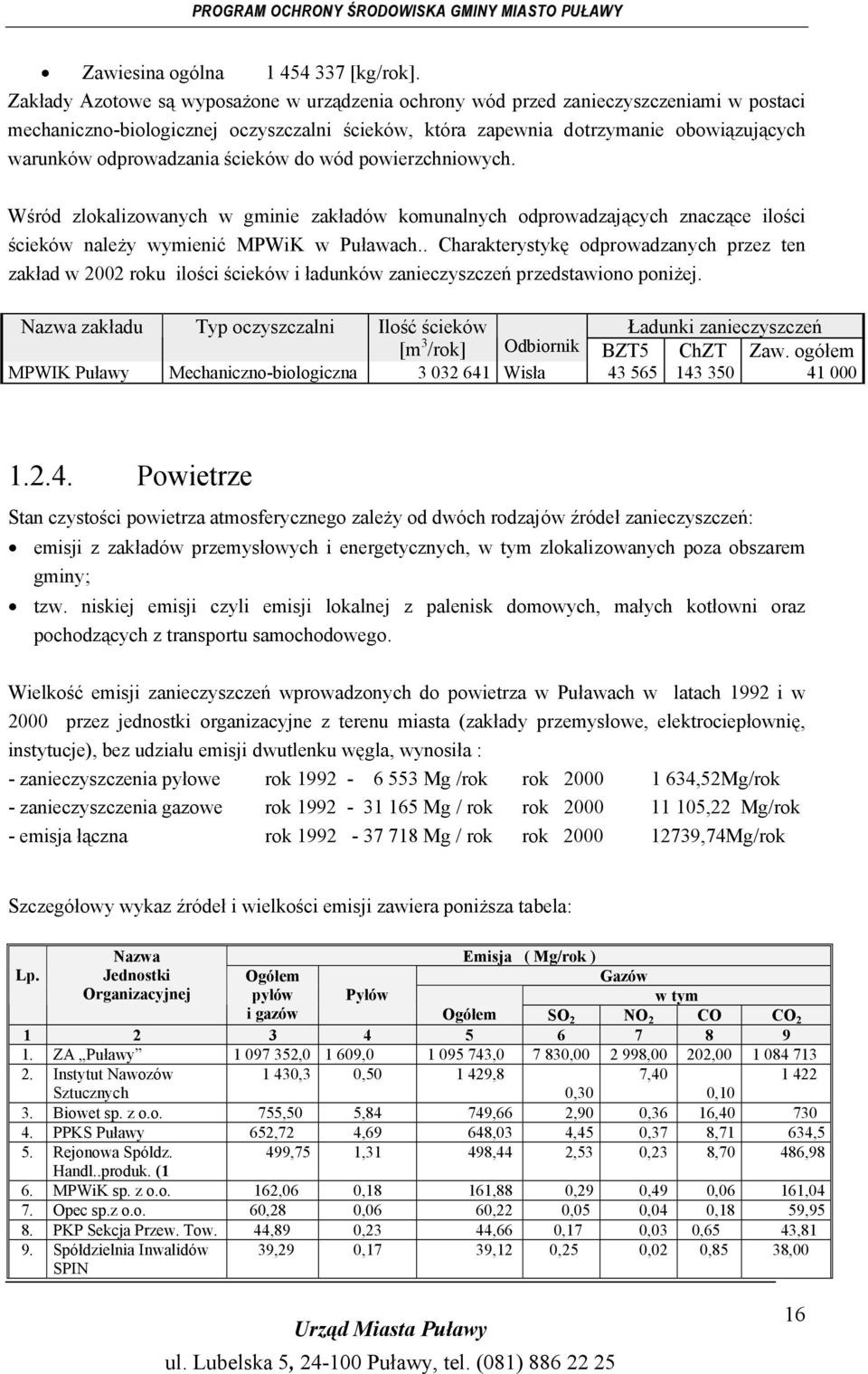 odprowadzania ścieków do wód powierzchniowych. Wśród zlokalizowanych w gminie zakładów komunalnych odprowadzających znaczące ilości ścieków należy wymienić MPWiK w Puławach.