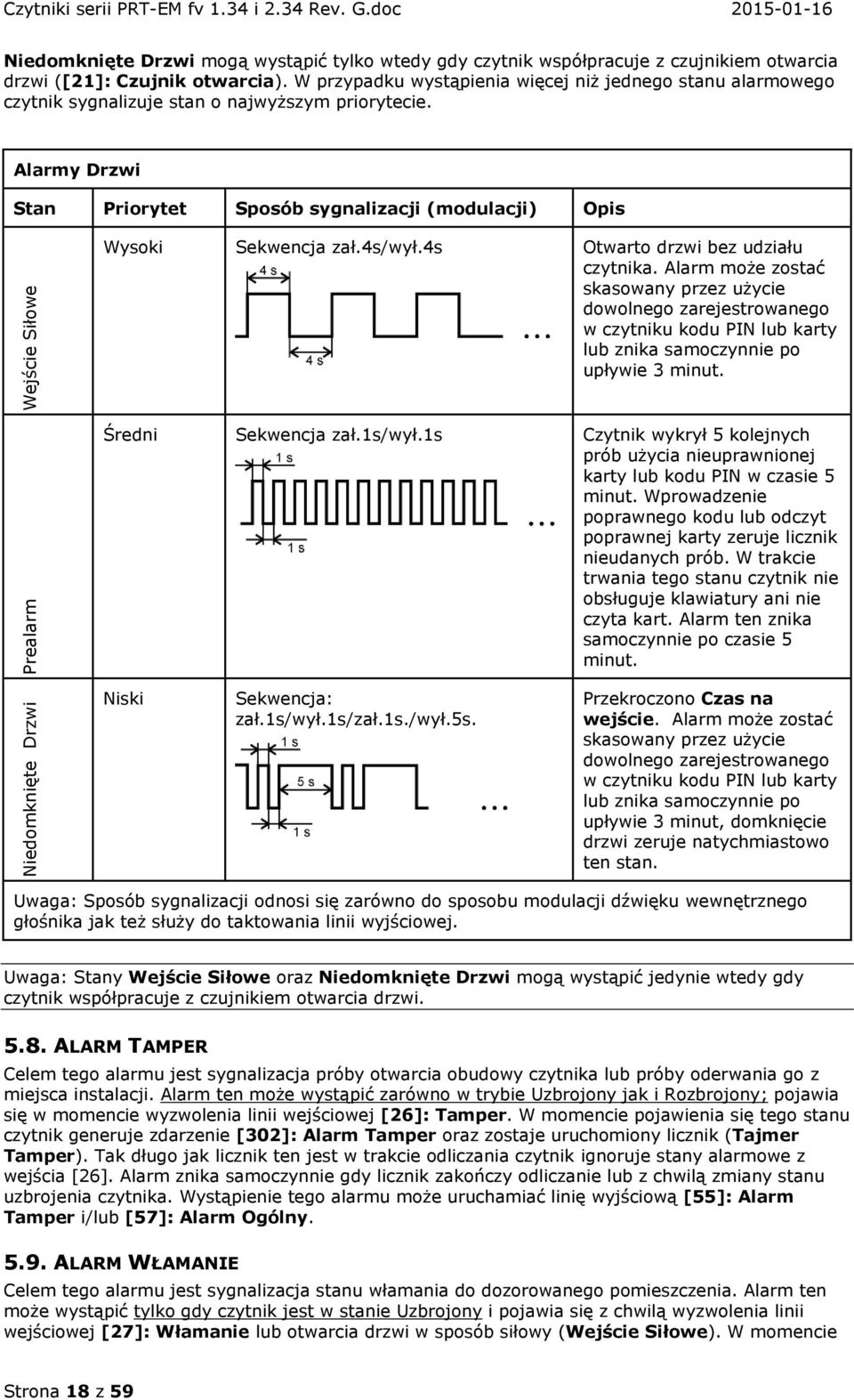 W przypadku wystąpienia więcej niż jednego stanu alarmowego czytnik sygnalizuje stan o najwyższym priorytecie. Alarmy Drzwi Stan Priorytet Sposób sygnalizacji (modulacji) Opis Wysoki Sekwencja zał.