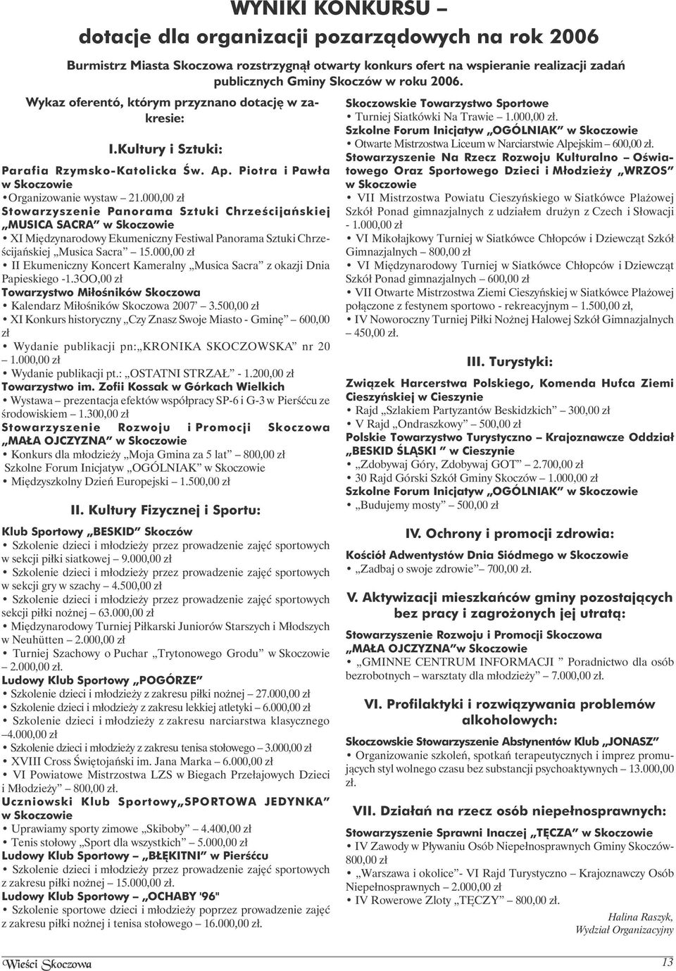 000,00 zł II Ekumeniczny Koncert Kameralny Musica Sacra z okazji Dnia Papieskiego -1.3OO,00 zł Towarzystwo Miłośników Skoczowa Kalendarz Miłośników Skoczowa 2007 3.