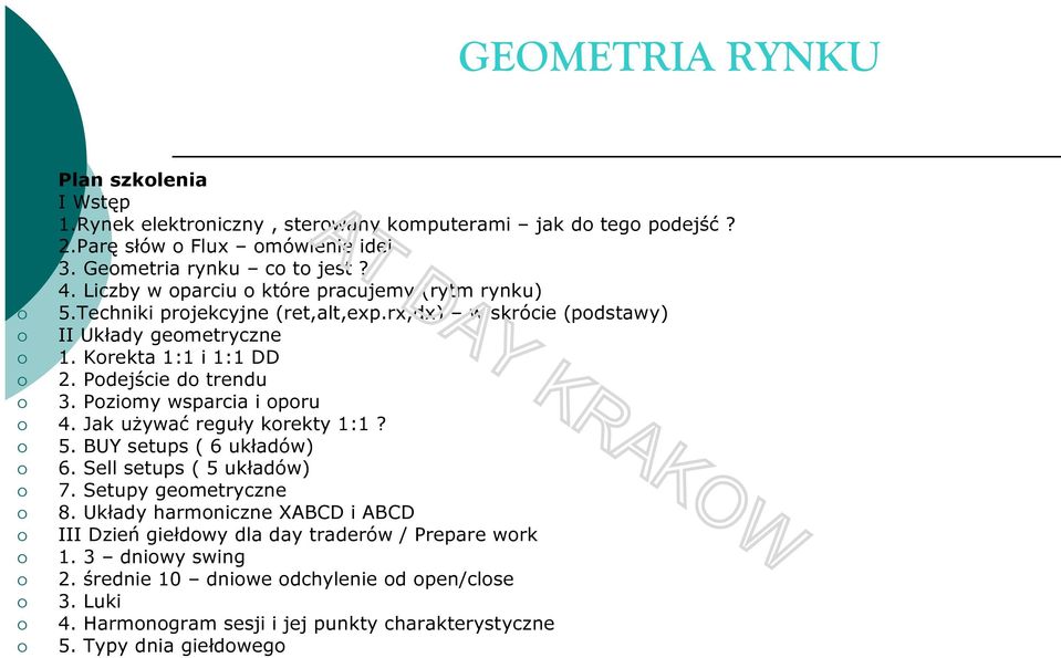 Podejście do trendu 3. Poziomy wsparcia i oporu 4. Jak używać reguły korekty 1:1? 5. BUY setups ( 6 układów) 6. Sell setups ( 5 układów) 7. Setupy geometryczne 8.