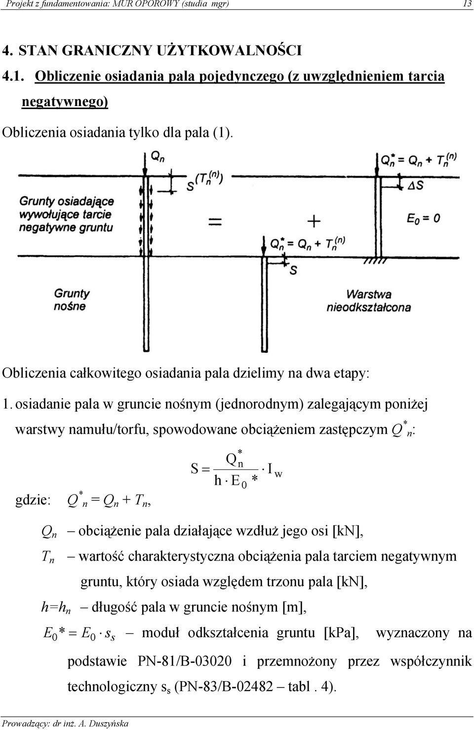 oadane pala w grunce nośnym (jednorodnym) zalegającym ponżej wartwy namułu/torfu, powodowane obcążenem zatępczym Q * n: gdze: Q * n Q n + T n, S Q h E * n I w 0 * Q n obcążene pala